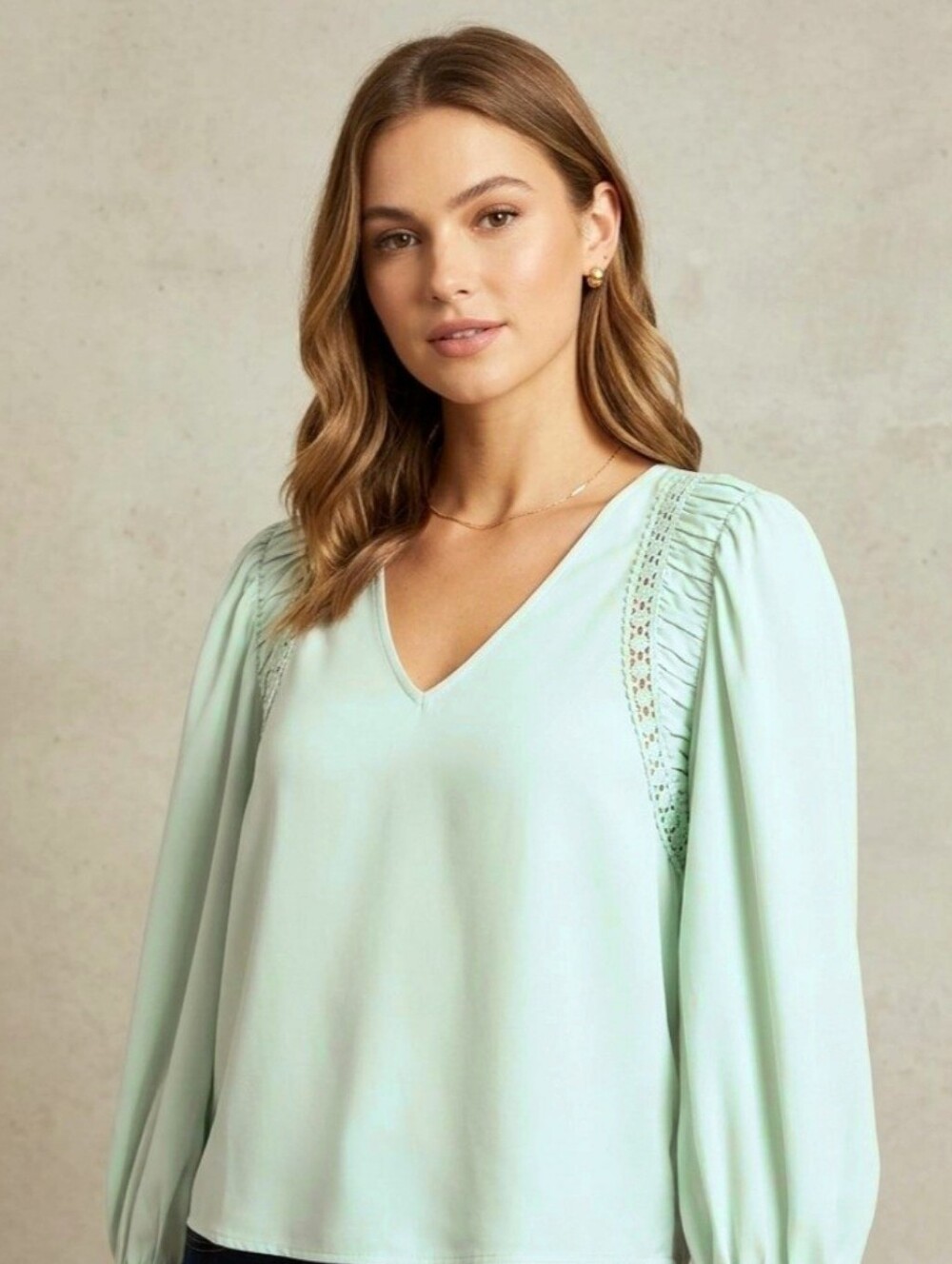 Anna Cate Mint Green Silk Cotton Blend Puff Sleeves Ruching